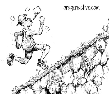 Cartoon of a runner going uphill on Running Technique and Training for Hills